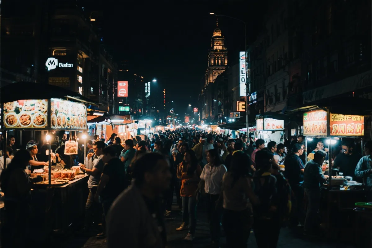 墨西哥城夜晚街头美食摊与霓虹灯，赛后夜宵氛围，纪实摄影风