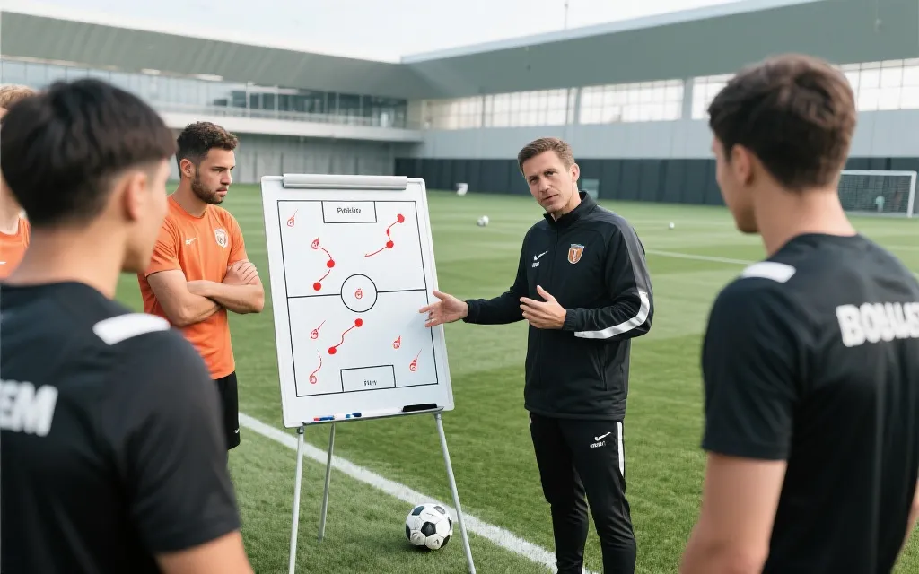训练场上教练与球员围绕战术板沟通，体现体系化青训与职业化细节