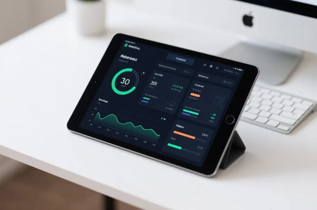 A generic network settings dashboard on a tablet screen displaying connectivity status and latency metrics on a clean modern desk