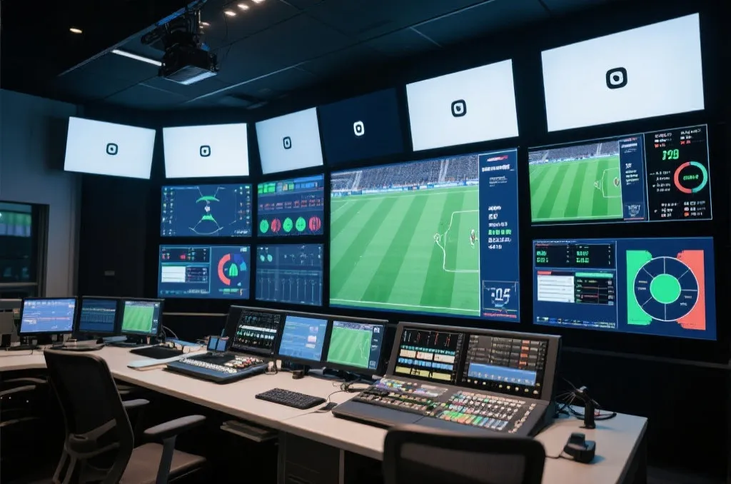 A high-tech digital media control room with multiple unbranded screens displaying sports graphics, statistics, and live match analysis layouts, professional broadcasting equipment